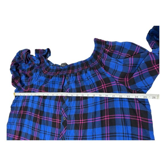 Paper Tee 3X Blue Womens Plus Blouse Plaid Off-Shoulder Button-Up Top Tie-Sleeve - Picture 9 of 11